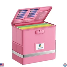 Secure Proof File Box with Lock - Pink Document Organizer for Letter Folders