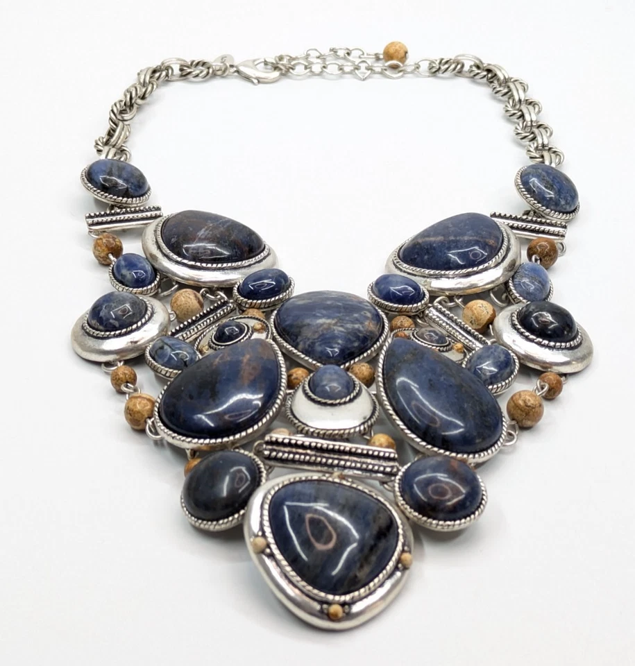 Chico's HUGE Sodalite & Jasper 真石厚围兜项链 19 英寸银色 — 第 2/4 张图片