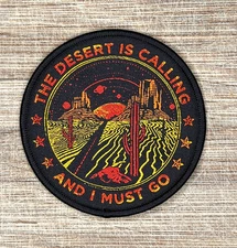 Desert Highway Iron-On Patch 3 Inch Round Woven Black Saguaro Cactus Moon Stars