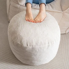 Round Stuffed Pouf Ottoman, Corduroy Poufs with Foam Chunk Filling, Furry and...
