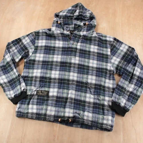 VERMONT FLANNEL CO plaid flannel anorak hoodie pullover shirt jacket SMALL tag - product listing photo