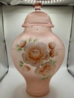 Vintage Fenton Pink Rose Satin Glass Hand Painted Signed 10" Ginger Jar Vase Lid