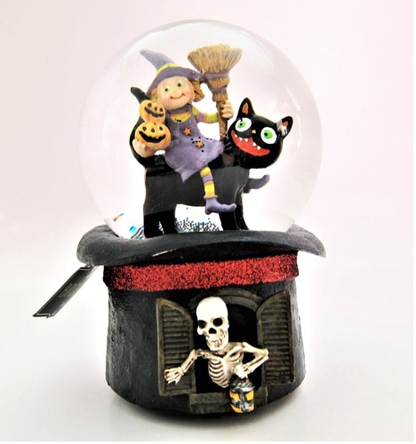 Halloween Music Box Snow Globe Little Girl Riding on Black Cat by Broomstick Blv
