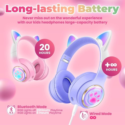 Kids Bluetooth 5.3V LED Cat Ear Headphones w/ Mic 25H Playtime Multi Colours - Picture 22 of 59