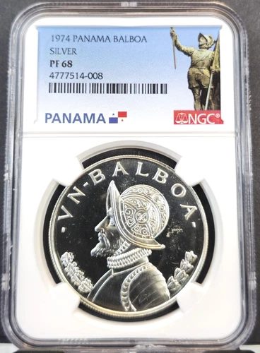 1974 PANAMA SILVER 1 BALBOA VASCO NUNEZ NGC PF 68 BEAUTIFUL GEM PROOF