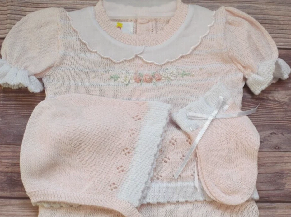 NWT Boutique Pink 4pc Embroidered Knit Set Newborn 0 Baby Girls Bonnet Booties - Image 3 of 3