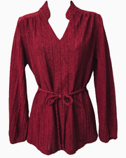 Vintage Polyester Terry Cloth Shirt L 12 Top Long Sleeve V Neck Belted 70s Red