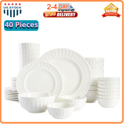 Zen Buffet Porcelain Dinnerware Set, Service for 8 (40pcs), White (Embossed)