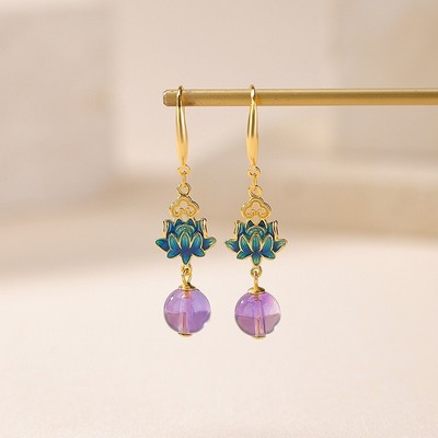 N02 Purple Amethyst Silver 925 Gold Plated Ball Flower Earrings