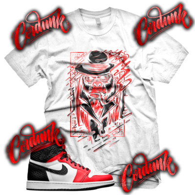 New White SMOKEY MONKEY Sneaker T Shirt for J1 1 OG Satin Snake Black Red