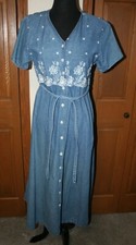 VTG Women's Denim Maxi Dress S/M Fitted Tapered Embroidered ALEXANDRA LEE