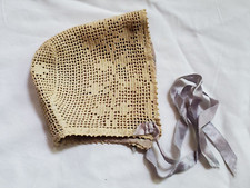 VTG/Antique Doll Bonnet German French Doll Handmade Knit Lavender Silky Lining