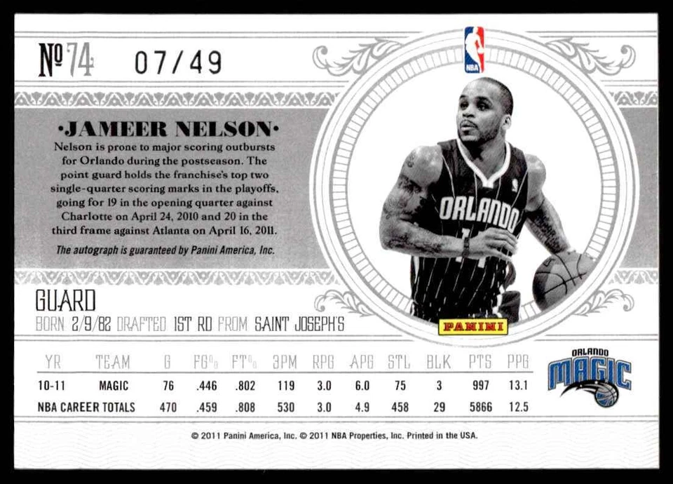 2010-11 Playoff National Treasures Century Signatures Jameer Nelson Auto 07/49 - Image 2 of 2