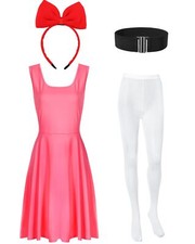 4 Pcs Halloween Women's Costume Outfits Pink Sleeveless Dress Red Bow Headban...