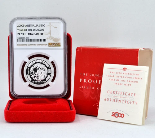 AUSTRALIA 50 Cents 2000 1/2oz Silver 'Lunar Year of the Dragon' NGC PF69 CoA#943