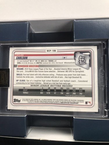 2022 Topps Archives Signature DYLAN CARLSON 2020 Bowman Chrome AUTO 1/1 - Picture 3 of 3