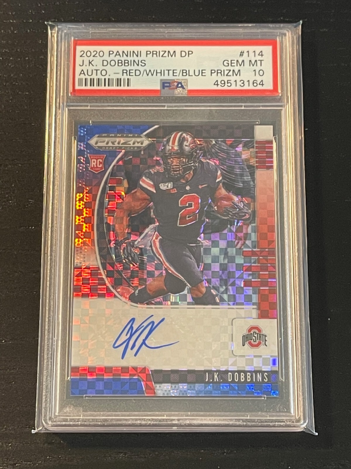 JK Dobbins Panini Prizm Draft Picks #114 Autograph-Red/White/Blue Prizm