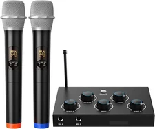 Portable Karaoke Microphone Mixer System Set, with Dual UHF Wireless Mic, HDMI-A