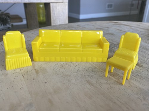 Marx BEDROOM SET Vintage Tin Dollhouse Furniture plastic yellow vanity sofa - Picture 7 of 24