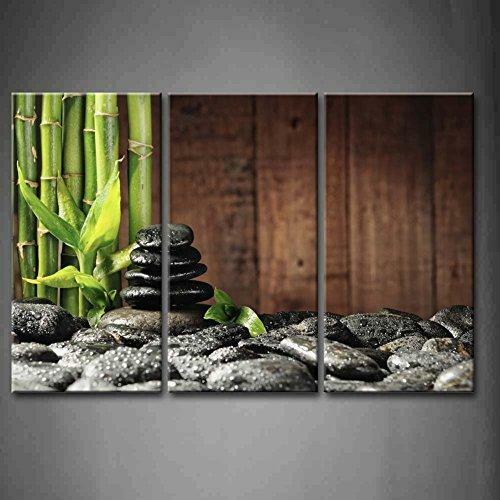 3 Panel Wall Art Green Spa Concept Bamboo Grove Black Zen Stones Old Wooden - Zen Spa Wall Art