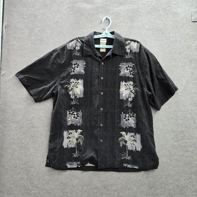 Jamaica Jaxx Men Button Up Shirt XL Black Silk Floral Palm Trees Flowers