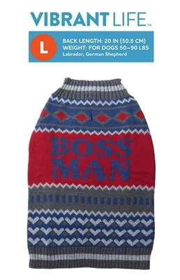 Vibrant Life Large Dog Sweater "Boss Man" 20in 50-90lbs Blue Red Grey New