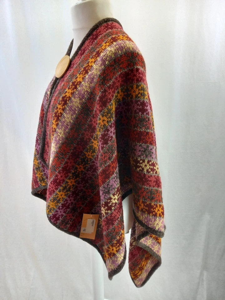 Poncho envolvente Pachamama Tintagel 100 % lana rojo naranja púrpura tejido a mano nuevo con etiquetas Foto 4 de 4