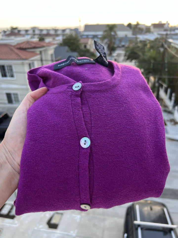 Cárdigan preppy manga 3/4 magenta French Connection vintage años 90 talla M coqueta Foto 2 de 4