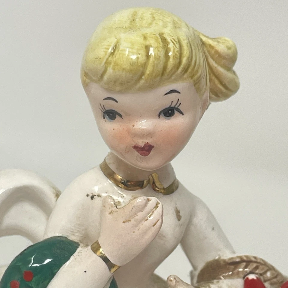 Estatuilla vintage Lefton diciembre cumpleaños niña pelo rubio Navidad 4" #1853 Foto 4 de 4