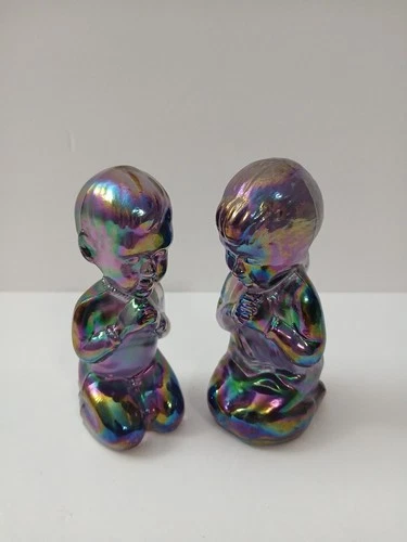 Fenton Amethyst Rainbow Iridescent Carnival Glass Praying Boy & Girl Art Glass