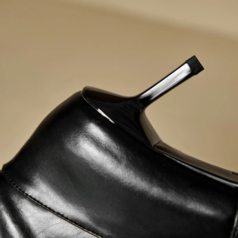 Elegantes botas al tobillo para mujer ajustadas de tacón alto punta puntiaguda de cuero para vestir fiesta Foto 4 de 4