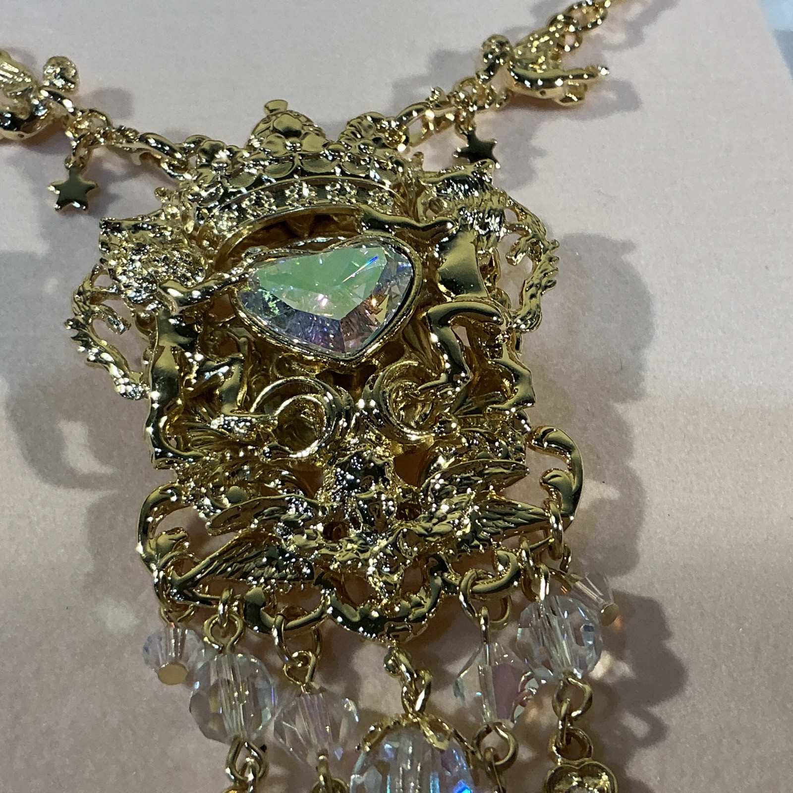 Kirks Folly QVC Medieval Gold Tone AB Crystal Heart Dangle Pin Brooch Necklace