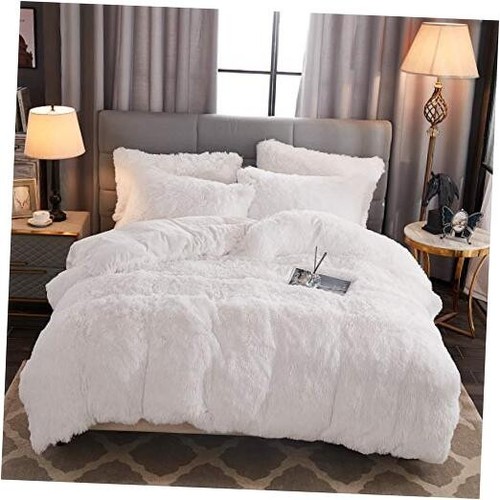Shaggy Fluffy Faux Fur Duvet Cover Set Button Closure Velvety Bedding Set