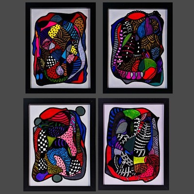 Set of 4 Framed mixed media canvas board abstract art. Great for gallery wall.