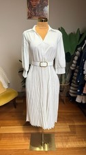 White Pleated Belted Shirt Midi Dress 3/4 Sleeve V-Neck Solid
