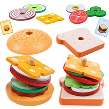 Kids Wooden Burger Stacking Toys, Preschool Learning Pretend Play Kitchen Gift