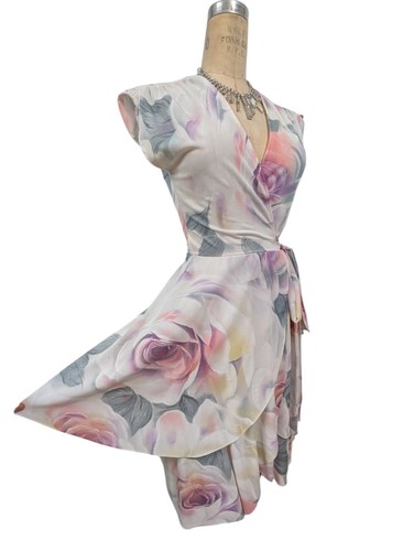 Vtg 70s Wrap Dress S/M Floral Rose V Neck Short Sleeve Pink Purple Flowers Print - Picture 18 of 20