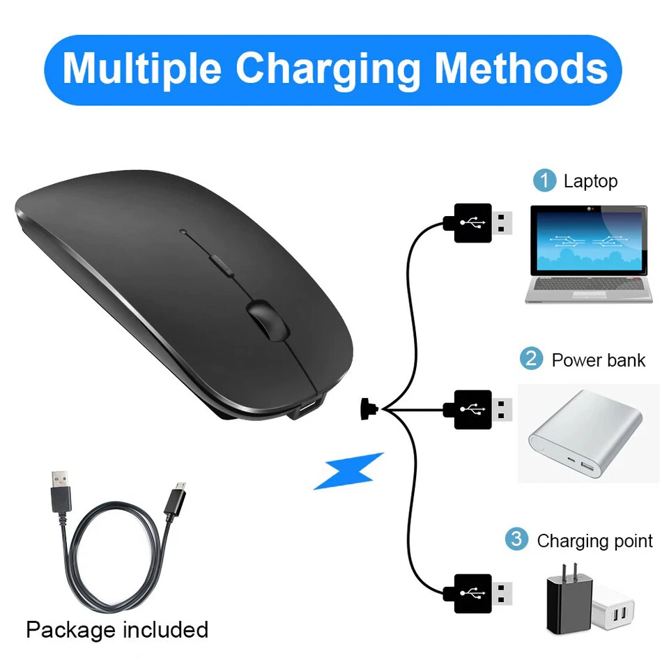 Black Wireless Bluetooth Rechargeable Mini Mouse USB Optical Mice For PC laptop - Image 4 of 4