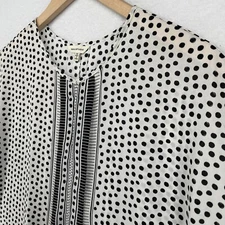 MAX STUDIO Top M Crepe Tunic Polka Dot Pleated Popover Short Sleeve Black White
