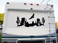 Desert Cactus Mountain Scene V9 Vinyl Decal | RV Camper Graphics Eagle Sticker