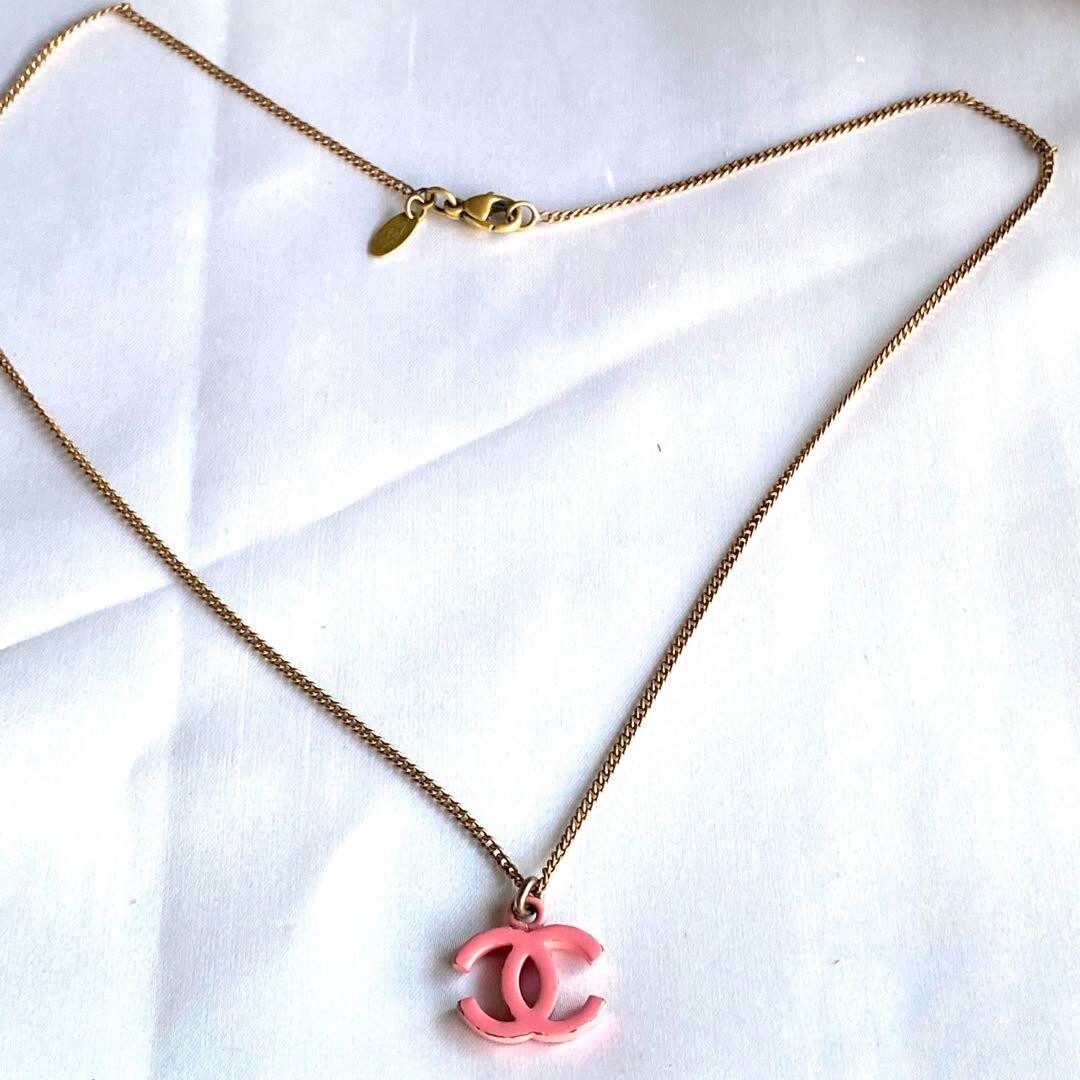 CHANEL Necklace Vintage Pink Coco Mark Gold Chain Women Auth