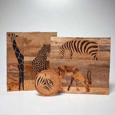 African Vintage Banana Leaf Fiber Mosaic Safari Animal Art 5pcs