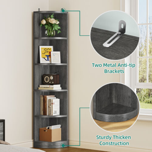 5 Tier Corner Shelf Industrial Corner Bookshelf Bookcase with Open Storage Shelf - Picture 7 of 17