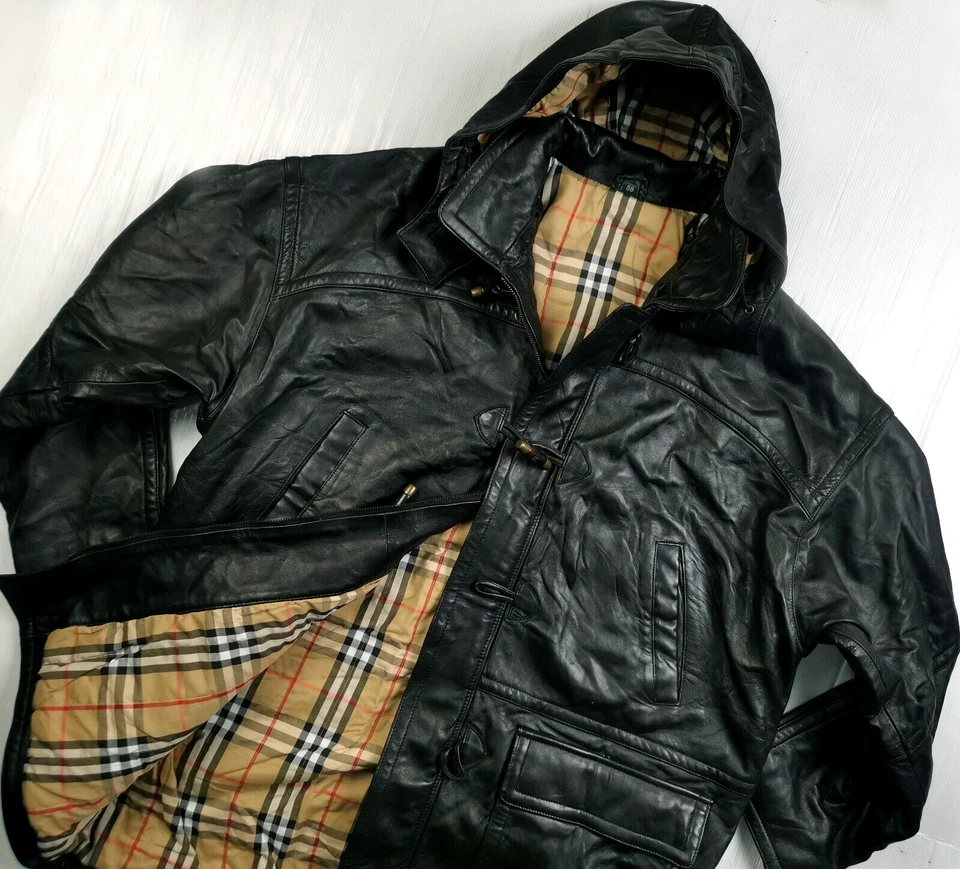 LO ÚLTIMO Abrigo Para Hombre BURBERRYS PARKA CAPUCHA NOVA CHECK FORRADO CUERO NEGRO 54 XXL Foto 2 de 4