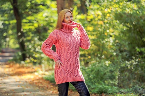 SUPERTANYA pink wool dress soft turtleneck sweater long cable knit mohair tunic - Picture 4 of 9
