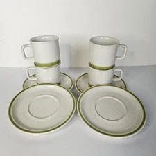 PJP Stoneware by Japan - 4 Stoneware Cups & 4 Saucers With Green Band