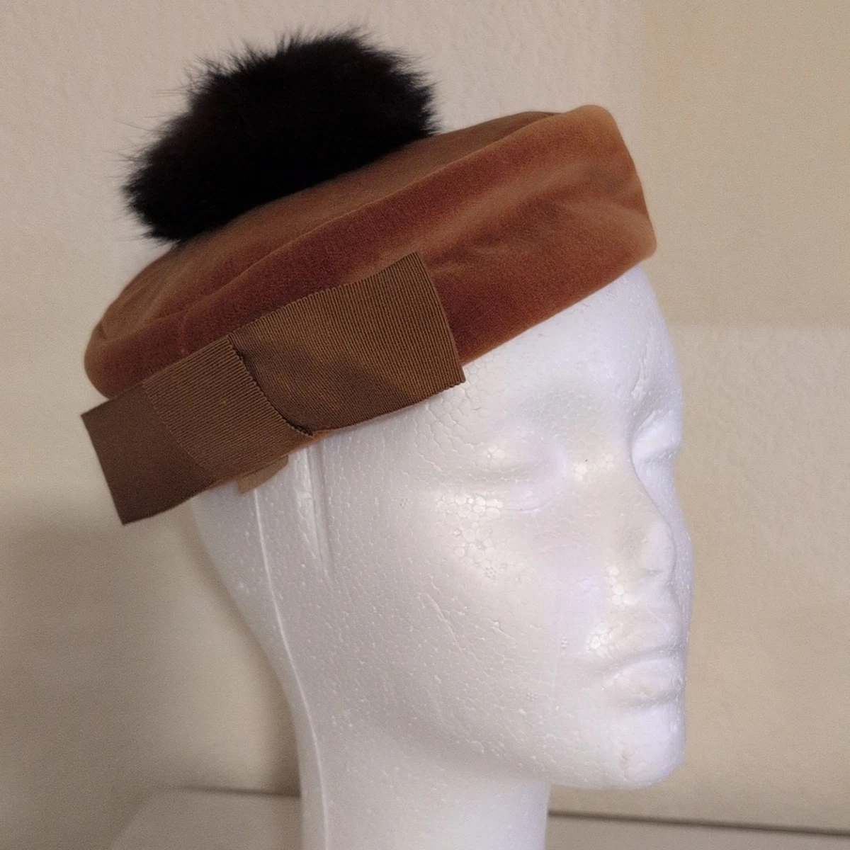 Vintage Carson Prairie Scott Brown Peachbloom Brown Velour Beret Hat Medium Bow Velour Beret Hats for Women | eBay main image 3