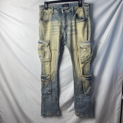 Vicious Denim Y2K Acid Wash Cargo Jeans Dirty Grunge Punk Cross Texture Sz 36