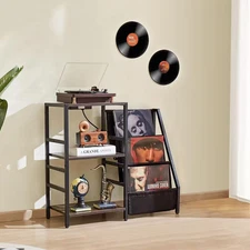 Record Player Stand with Charging Station and USB Ports, Holds up to 200 Albums,