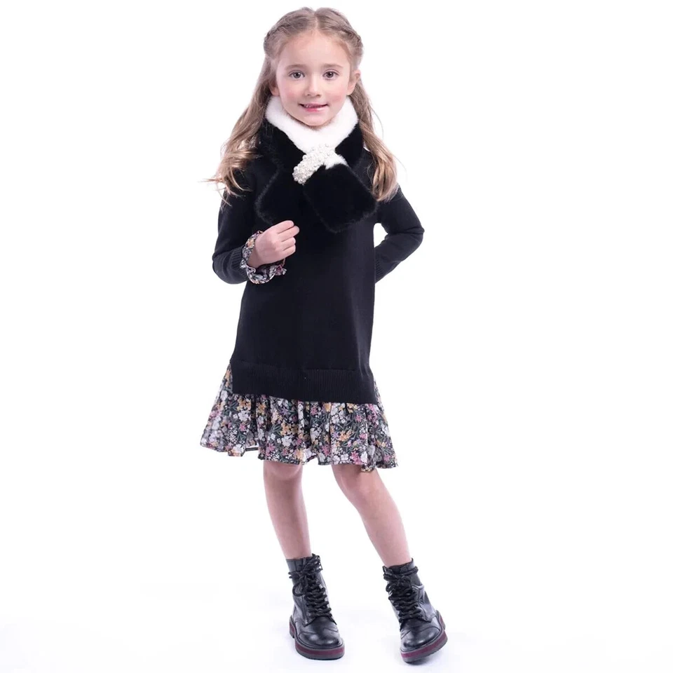 IMOGA GIRLS RITA SWEATER DRESS LONG SLEEVE BLACK KNIT FLORAL CHIFFON GARDEN 8 - Image 3 of 4